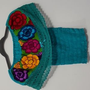 Off Shoulder Mexican Blouse Elastic Waist- Turquoise